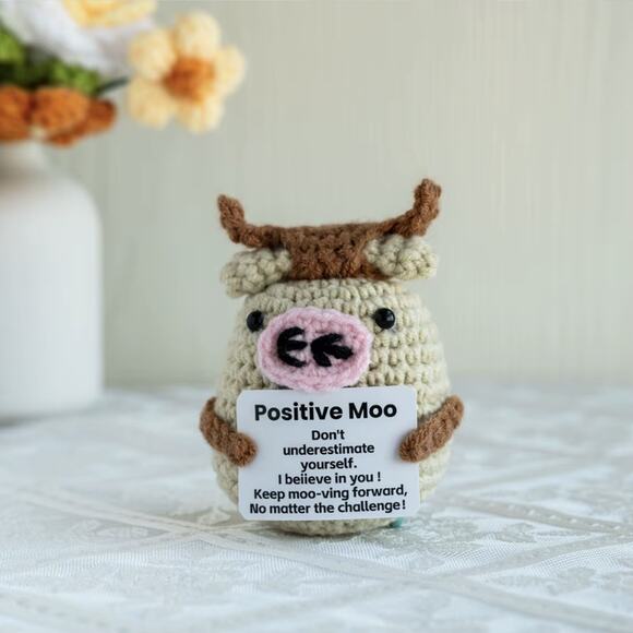 Handmade Yarn Crochet Cow Plush | Positive Moo | Motivational Message Gift - Picture 6 of 8